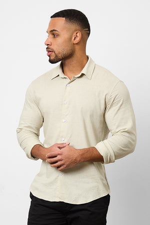 Linen Blend Button Through Shirt in Stone - TAILORED ATHLETE - USA