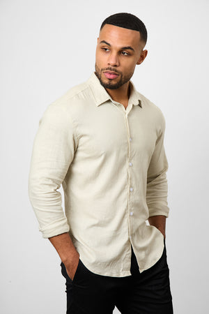 Linen Blend Button Through Shirt in Stone - TAILORED ATHLETE - USA