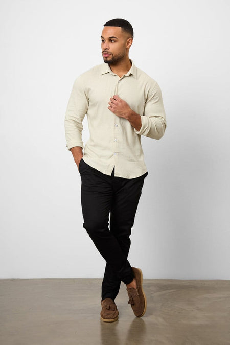Stretch Linen Blend Button Through Shirt in Stone - TAILORED ATHLETE - USA