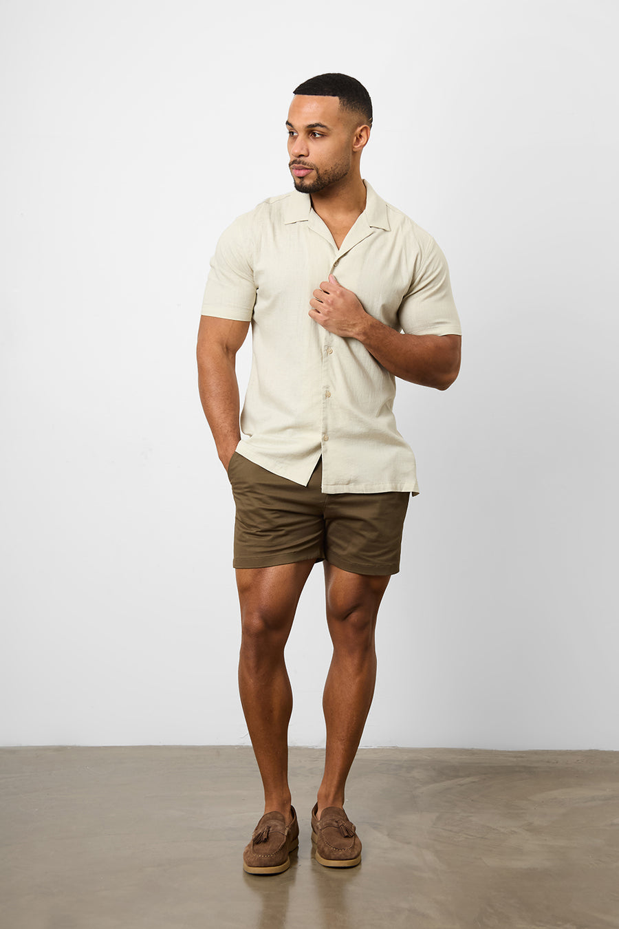 Linen Blend Cuban Collar Shirt in Stone - TAILORED ATHLETE - USA