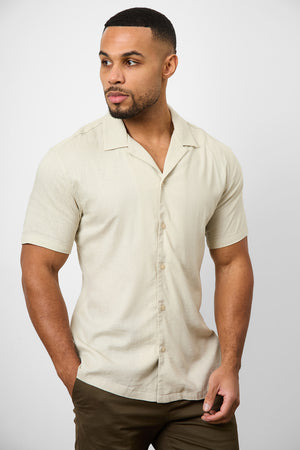 Linen Blend Cuban Collar Shirt in Stone - TAILORED ATHLETE - USA