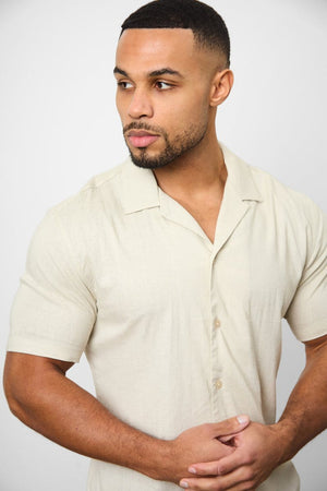 Stretch Linen Blend Cuban Collar Shirt in Stone - TAILORED ATHLETE - USA