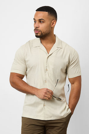 Linen Blend Cuban Collar Shirt in Stone - TAILORED ATHLETE - USA