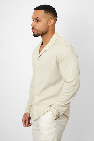 Stretch Linen Blend Cuban Collar Shirt in Stone - TAILORED ATHLETE - USA