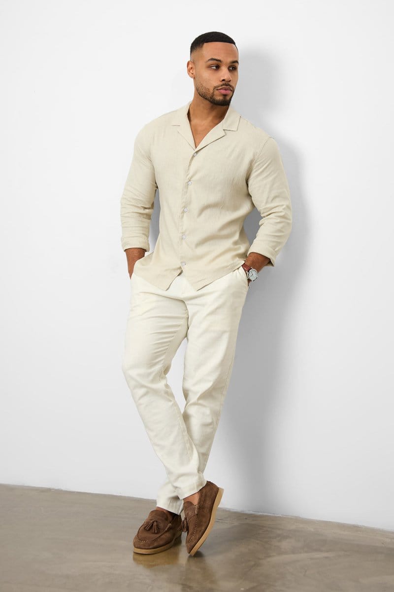 Stretch Linen Blend Cuban Collar Shirt in Stone - TAILORED ATHLETE - USA