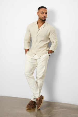 Stretch Linen Blend Cuban Collar Shirt in Stone - TAILORED ATHLETE - USA