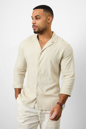 Linen Blend Cuban Collar Shirt in Stone - TAILORED ATHLETE - USA