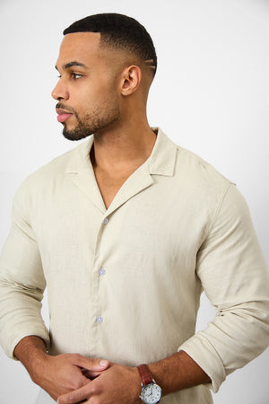 Linen Blend Cuban Collar Shirt in Stone - TAILORED ATHLETE - USA