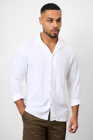 Linen Blend Cuban Collar Shirt in White - TAILORED ATHLETE - USA