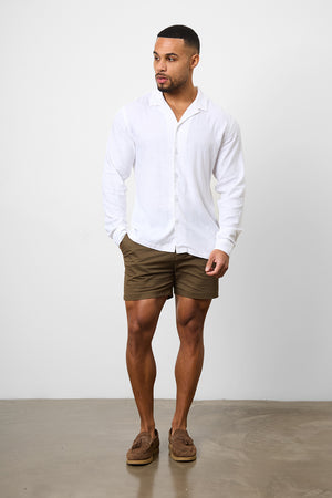 Linen Blend Cuban Collar Shirt in White - TAILORED ATHLETE - USA