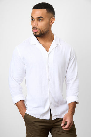 Linen Blend Cuban Collar Shirt in White - TAILORED ATHLETE - USA