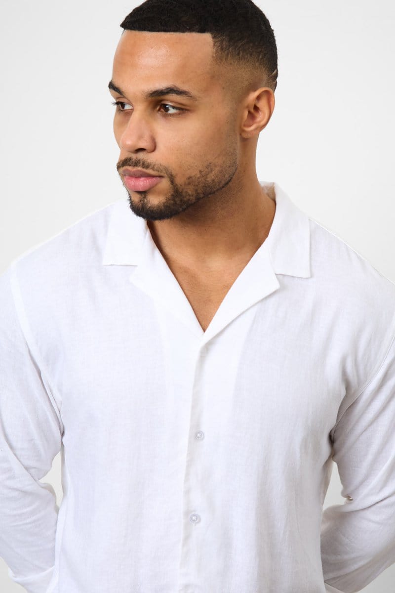 Stretch Linen Blend Cuban Collar Shirt in White - TAILORED ATHLETE - USA
