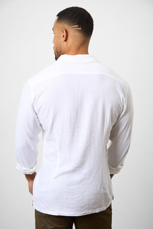 Linen Blend Cuban Collar Shirt in White - TAILORED ATHLETE - USA