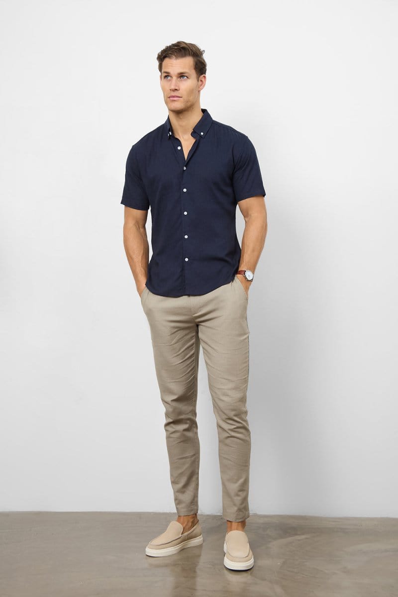 Stretch Linen Blend Button Through Shirt in Navy - TAILORED ATHLETE - USA