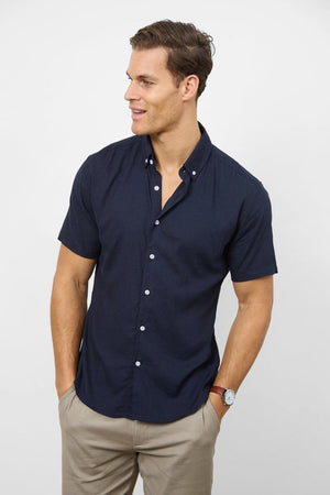 Stretch Linen Blend Button Through Shirt in Navy - TAILORED ATHLETE - USA