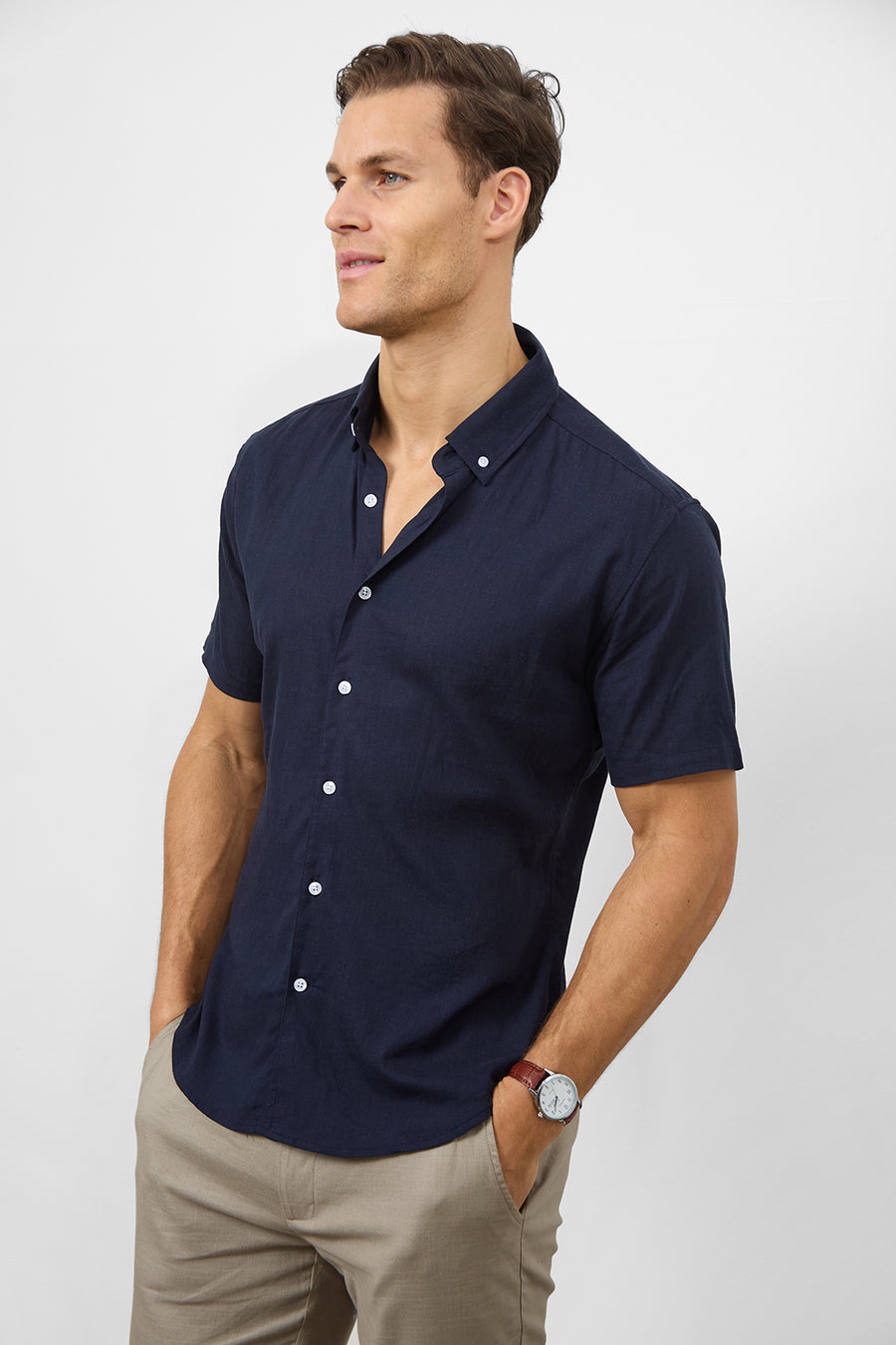 Linen Blend Button Through Shirt in Navy - TAILORED ATHLETE - USA