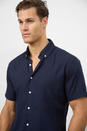 Linen Blend Button Through Shirt in Navy - TAILORED ATHLETE - USA