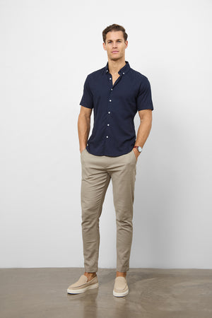 Linen Blend Button Through Shirt in Navy - TAILORED ATHLETE - USA