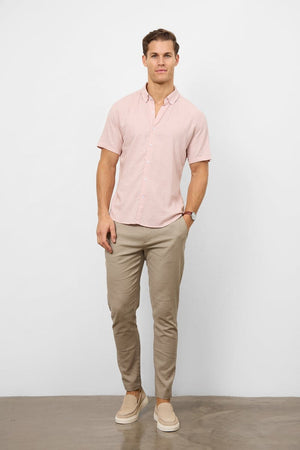 Stretch Linen Blend Button Through Shirt in Pink - TAILORED ATHLETE - USA