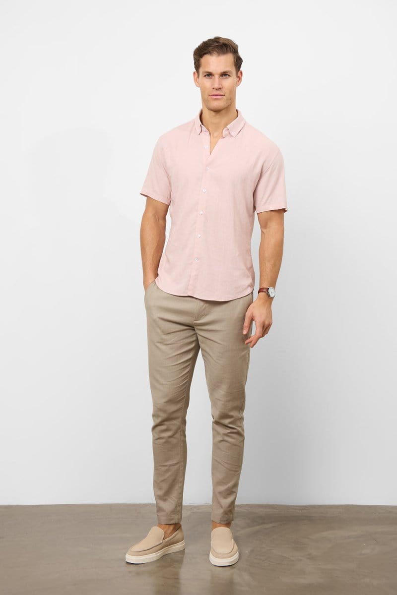 Stretch Linen Blend Button Through Shirt in Pink - TAILORED ATHLETE - USA