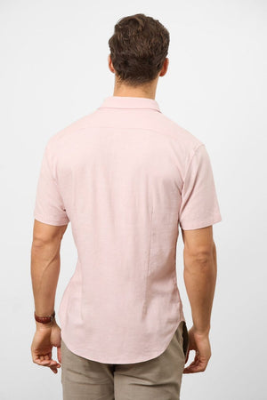 Stretch Linen Blend Button Through Shirt in Pink - TAILORED ATHLETE - USA
