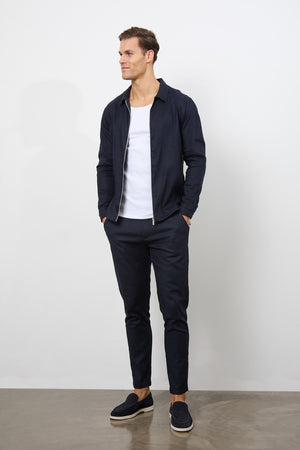 Linen Blend Zip Through Jacket in Navy - TAILORED ATHLETE - USA