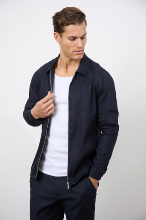 Linen Blend Zip Through Jacket in Navy - TAILORED ATHLETE - USA