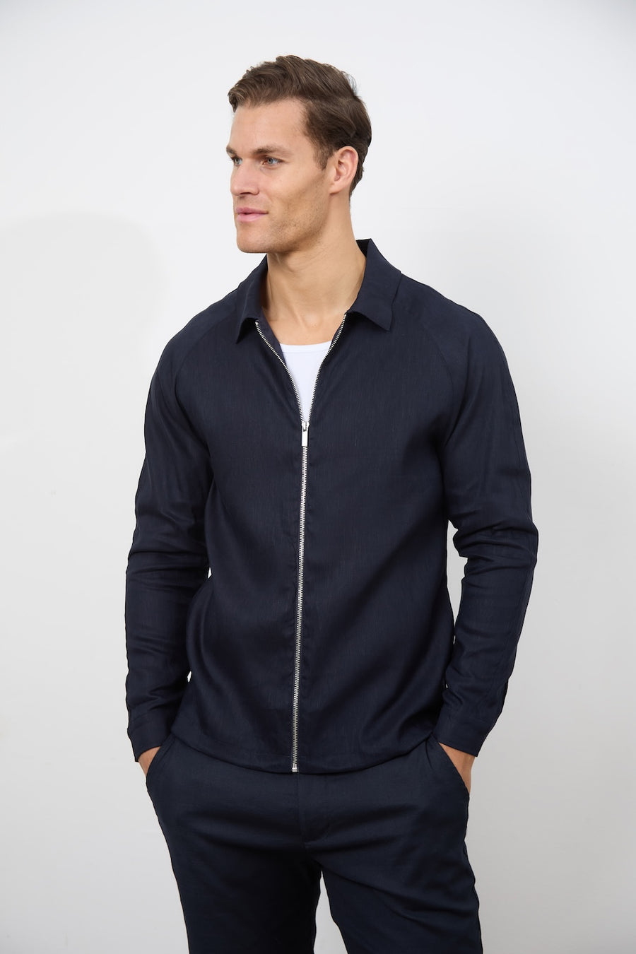 Linen Blend Zip Through Jacket in Navy - TAILORED ATHLETE - USA