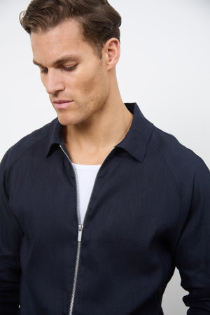 Linen Blend Zip Through Jacket in Navy - TAILORED ATHLETE - USA