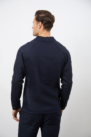 Linen Blend Zip Through Jacket in Navy - TAILORED ATHLETE - USA