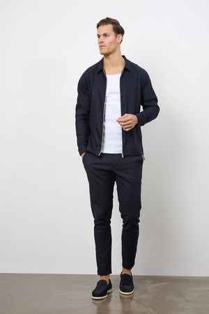 Linen Blend Zip Through Jacket in Navy - TAILORED ATHLETE - USA