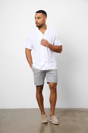 Stretch Linen Blend Cuban Collar Shirt in White - TAILORED ATHLETE - USA