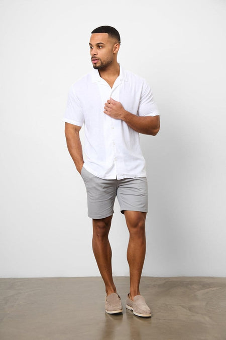 Stretch Linen Blend Cuban Collar Shirt in White - TAILORED ATHLETE - USA