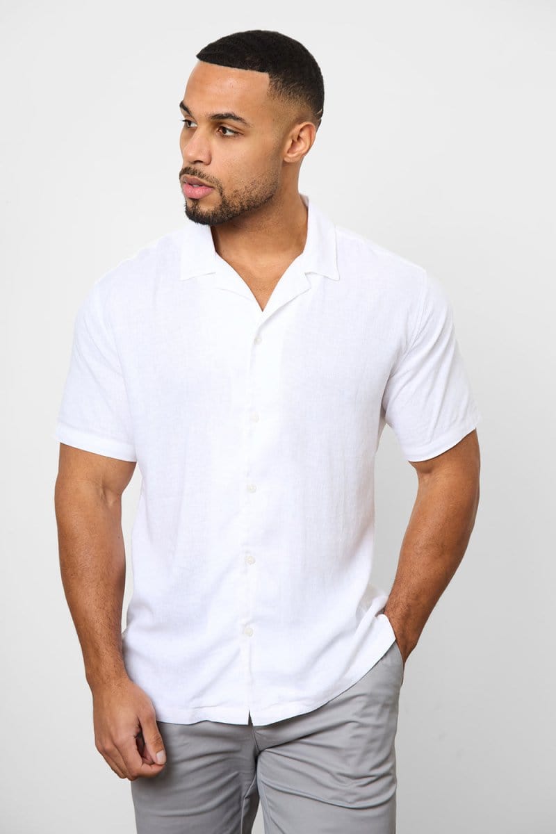 Stretch Linen Blend Cuban Collar Shirt in White - TAILORED ATHLETE - USA