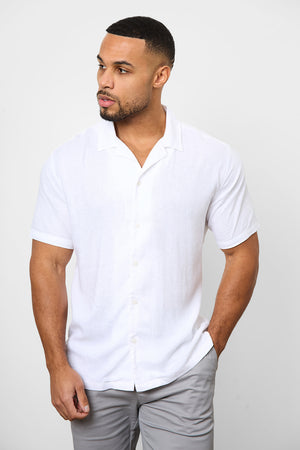 Linen Blend Cuban Collar Shirt in White - TAILORED ATHLETE - USA