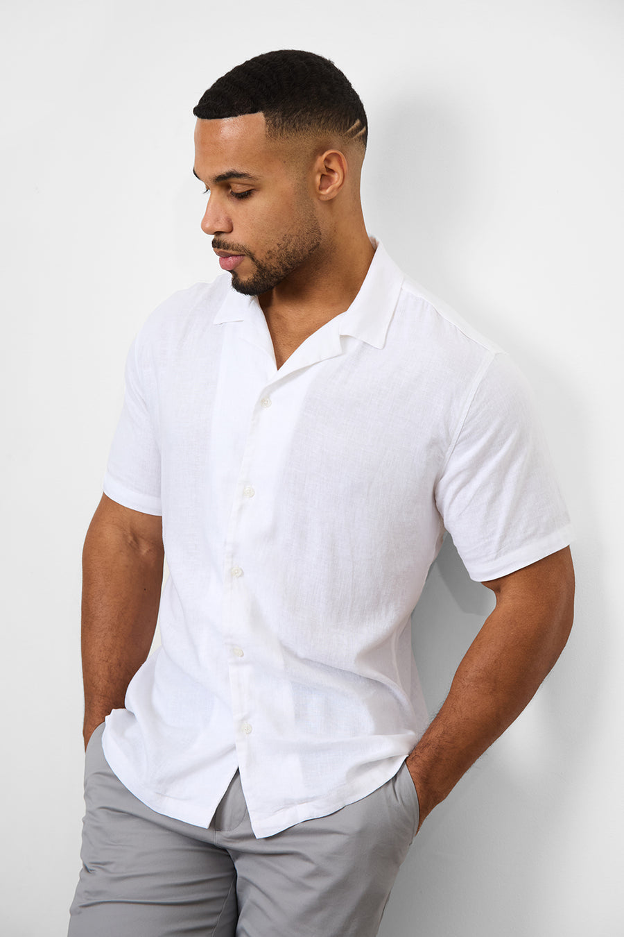 Linen Blend Cuban Collar Shirt in White - TAILORED ATHLETE - USA