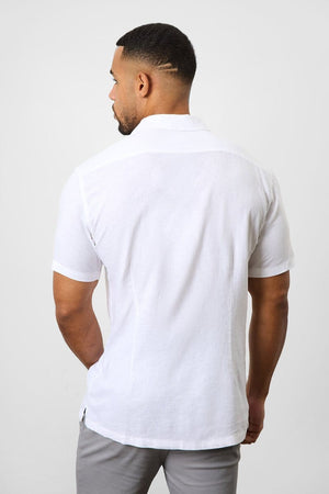 Stretch Linen Blend Cuban Collar Shirt in White - TAILORED ATHLETE - USA
