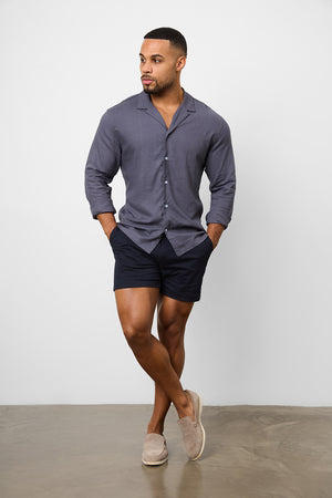 Linen Blend Cuban Collar Shirt in Denim - TAILORED ATHLETE - USA