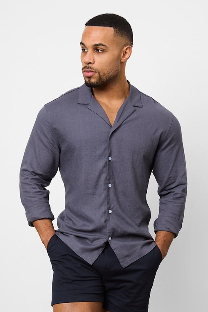 Stretch Linen Blend Cuban Collar Shirt in Denim - TAILORED ATHLETE - USA