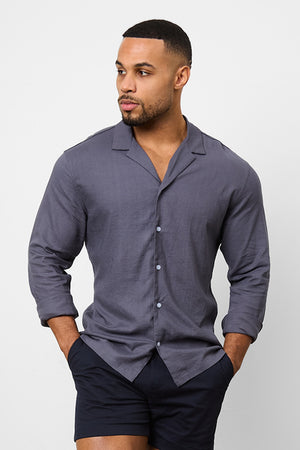 Linen Blend Cuban Collar Shirt in Denim - TAILORED ATHLETE - USA