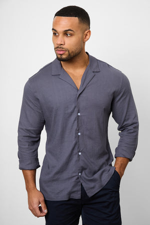 Linen Blend Cuban Collar Shirt in Denim - TAILORED ATHLETE - USA