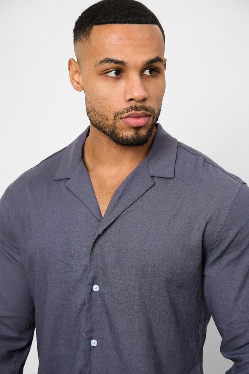Stretch Linen Blend Cuban Collar Shirt in Denim - TAILORED ATHLETE - USA