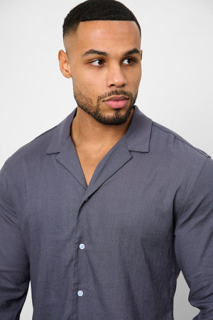 Linen Blend Cuban Collar Shirt in Denim - TAILORED ATHLETE - USA