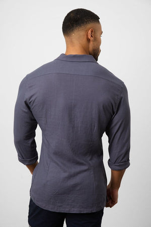 Stretch Linen Blend Cuban Collar Shirt in Denim - TAILORED ATHLETE - USA