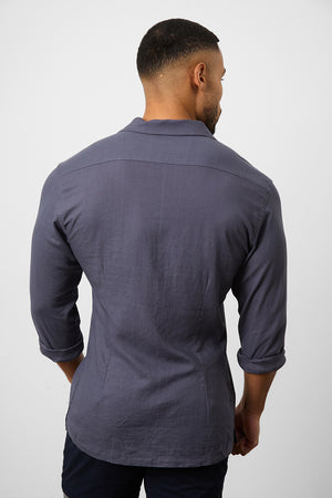 Linen Blend Cuban Collar Shirt in Denim - TAILORED ATHLETE - USA