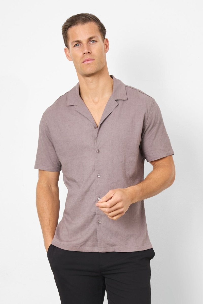 Linen Blend Cuban Collar Shirt in Truffle - TAILORED ATHLETE - USA