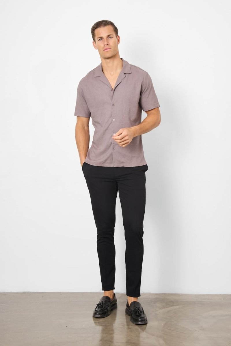 Linen Blend Cuban Collar Shirt in Truffle - TAILORED ATHLETE - USA