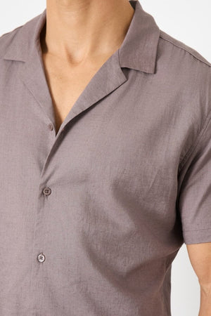 Stretch Linen Blend Cuban Collar Shirt in Truffle - TAILORED ATHLETE - USA