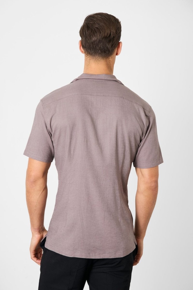 Linen Blend Cuban Collar Shirt in Truffle - TAILORED ATHLETE - USA