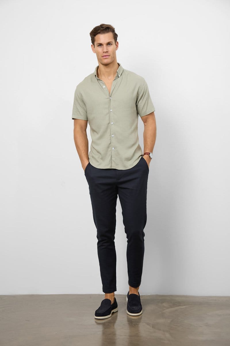 Stretch Linen Blend Button Through Shirt in Soft Sage S